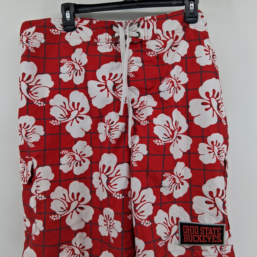 Ohio State Pro Edge Red and White Hibiscus Swim Trunks with Drawstring